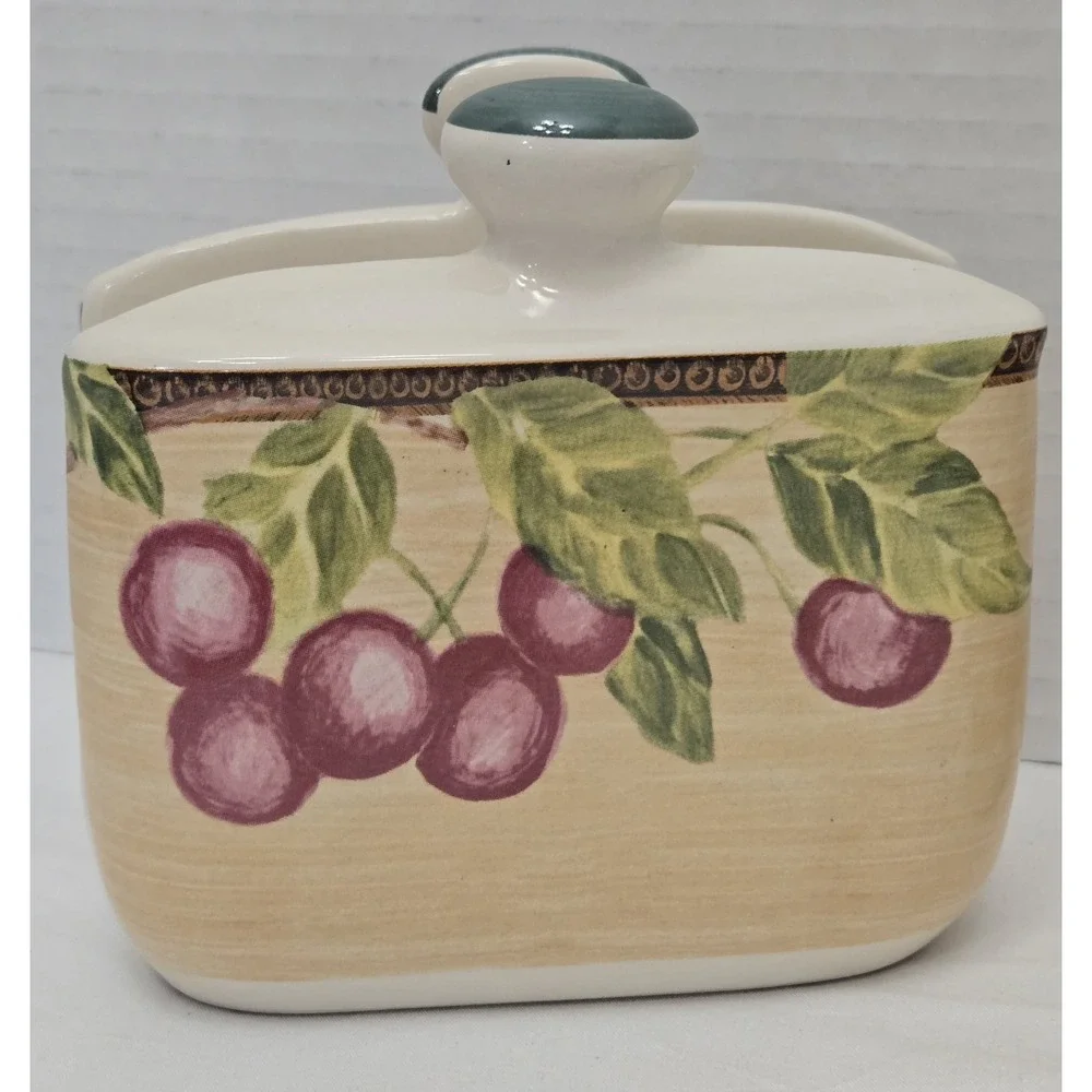Vtg Jay Imports Ceramic Napkin Holder Salt Pepper Shaker Fruit Pattern Set of 3